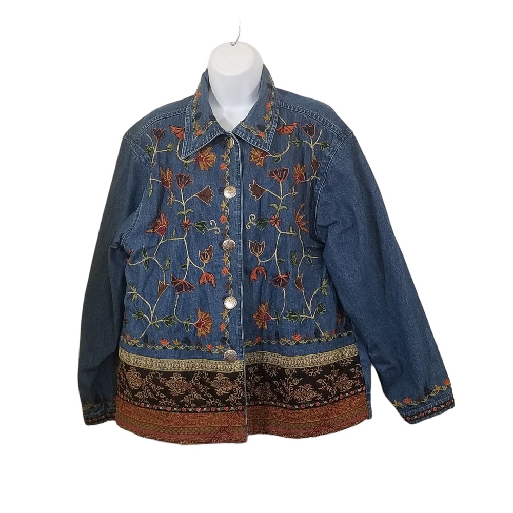 New Directions Womens Denim Jacket Size L Embellished Embroidered Flowers